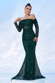 Dark Green Sequined Mermaid Long Sleeves Evening Dresses Off-The-Shoulder