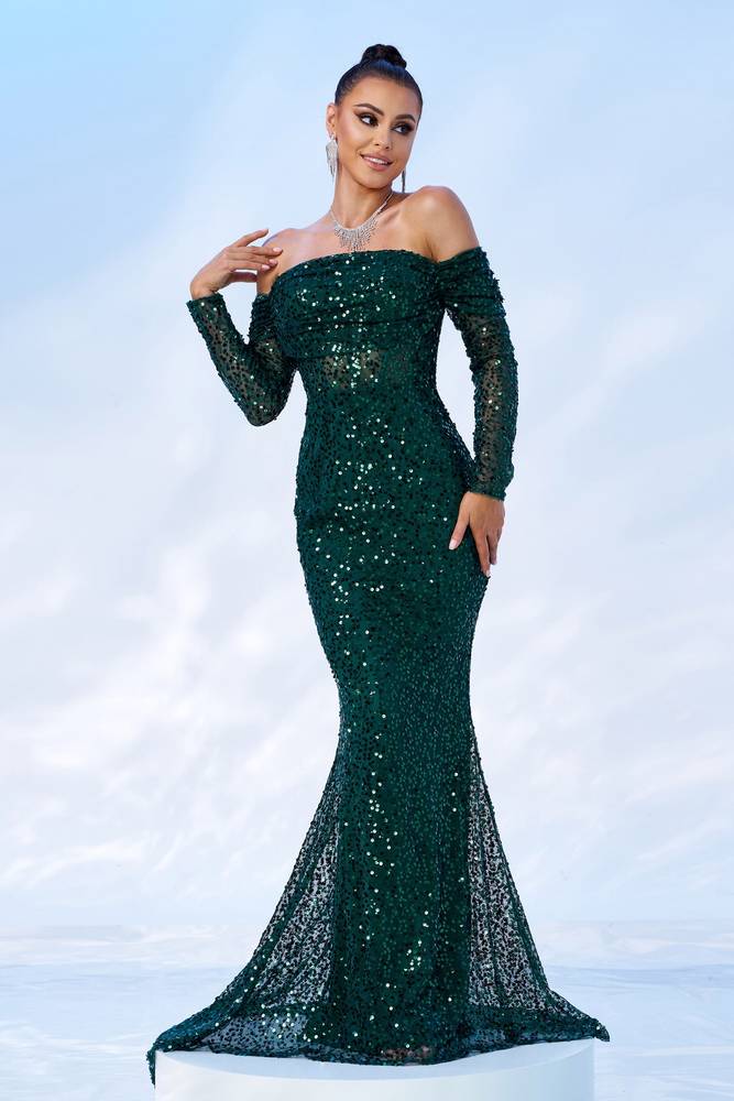 Dark Green Sequined Mermaid Long Sleeves Evening Dresses Off-The-Shoulder