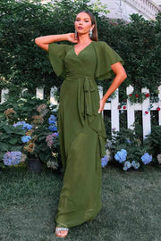 Green V-Neck A-Line Chiffon Evening Dresses with Short Sleeves