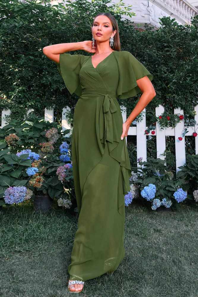 Green V-Neck A-Line Chiffon Evening Dresses with Short Sleeves