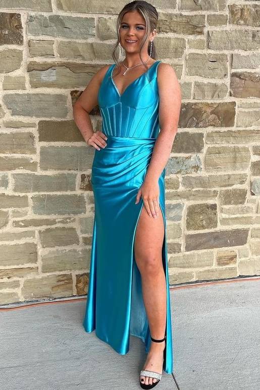 Pool V-Neck Straps Satin Prom Dresses Column Floor-Length with Slit