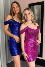 Chic Royal Blue Sequined Off-The-Shoulder Short Homecoming Dresses with Open Back