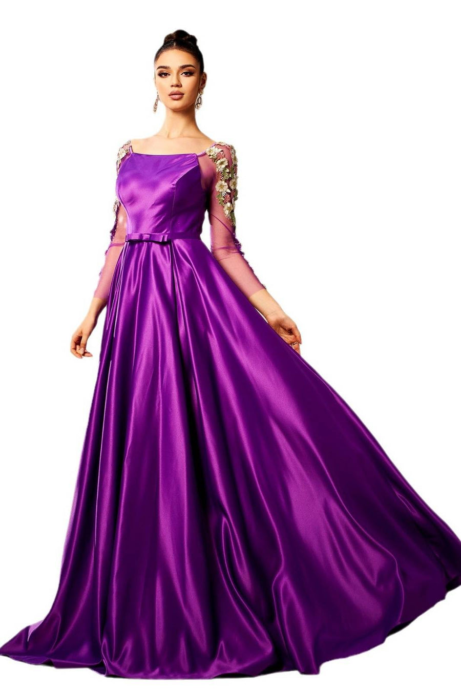 Square Neck Long Sleeves A-Line Satin Prom Dresses with Appliques