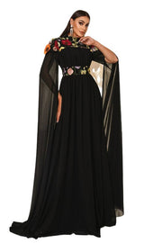 Black High Neck A-Line Chiffon Evening Dresses with Flowers