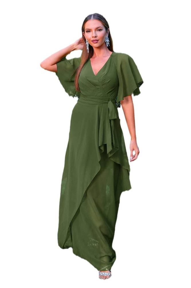 Green V-Neck A-Line Chiffon Evening Dresses with Short Sleeves