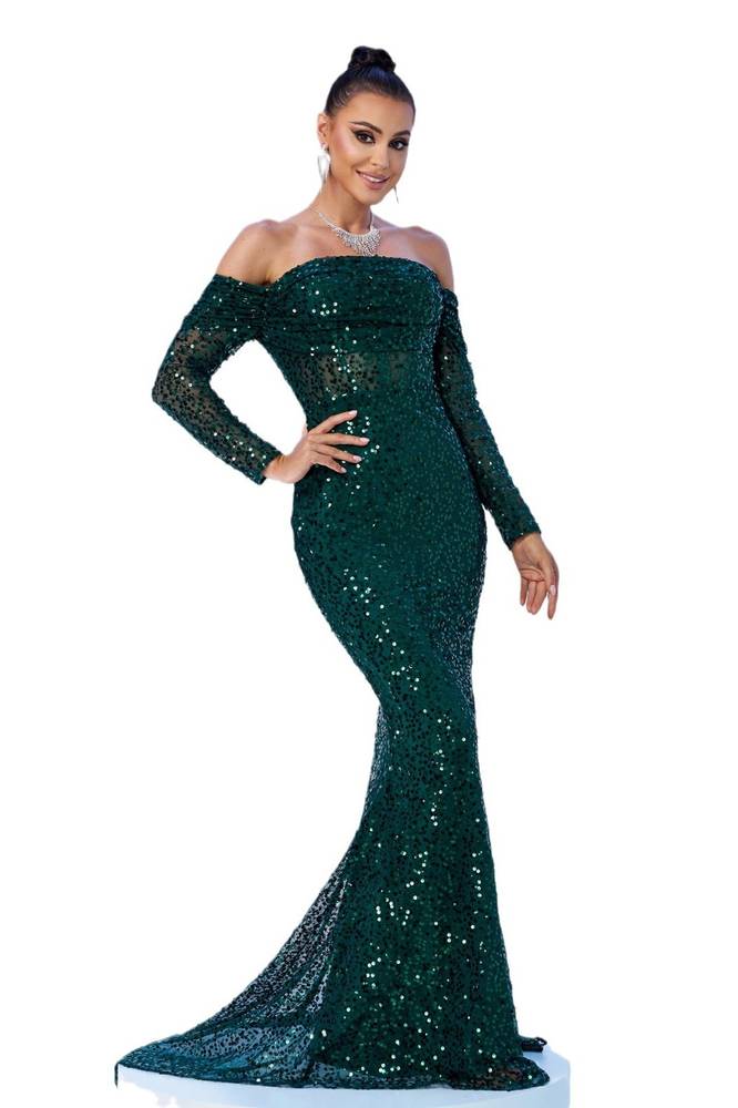 Dark Green Sequined Mermaid Long Sleeves Evening Dresses Off-The-Shoulder