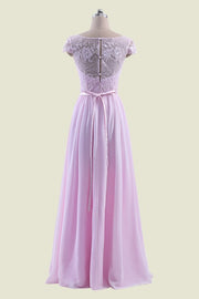 Pink Bateau Neck A-Line Floor-Length Cap Sleeves Chiffon Bridesmaid Dresses with Sash