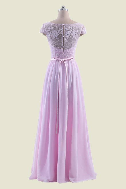 Pink Bateau Neck A-Line Floor-Length Cap Sleeves Chiffon Bridesmaid Dresses with Sash