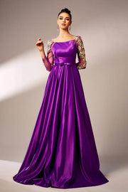 Square Neck Long Sleeves A-Line Satin Prom Dresses with Appliques