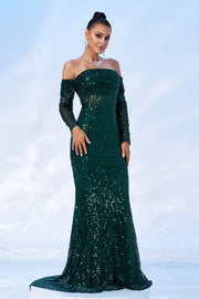 Dark Green Sequined Mermaid Long Sleeves Evening Dresses Off-The-Shoulder