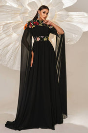 Black High Neck A-Line Chiffon Evening Dresses with Flowers