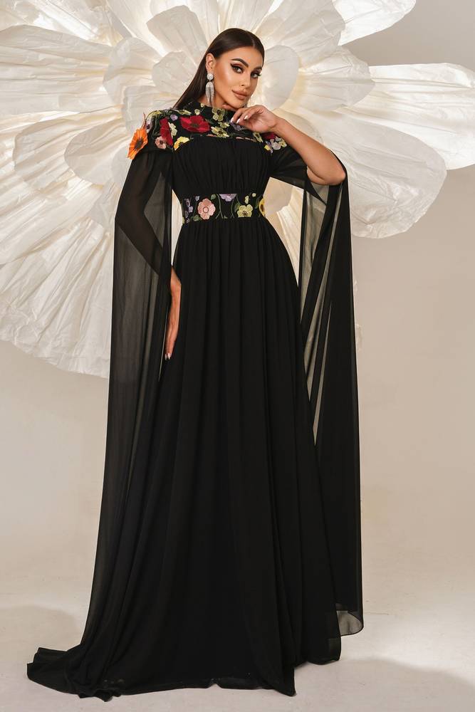 Black High Neck A-Line Chiffon Evening Dresses with Flowers