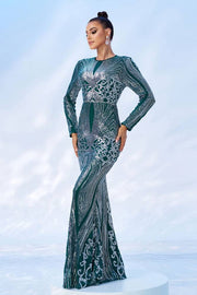 Floor-Length Crew Neck Mermaid Evening Dresses with Long Sleeves