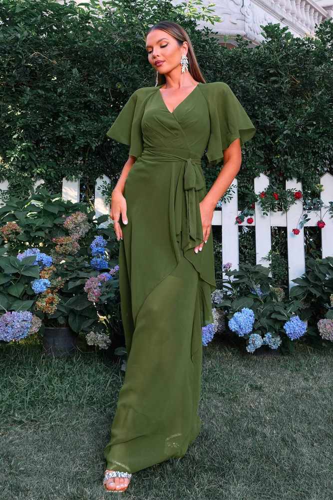 Green V-Neck A-Line Chiffon Evening Dresses with Short Sleeves