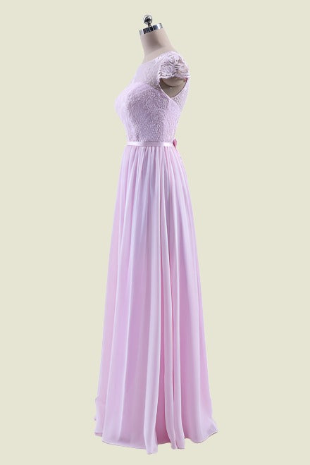 Pink Bateau Neck A-Line Floor-Length Cap Sleeves Chiffon Bridesmaid Dresses with Sash