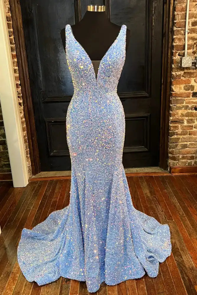 Sky Blue Sequined Deep V-Neck Backless Mermaid Prom Dresses