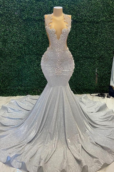 Silver Sequined Mermaid Sleeveless Long Prom Dresses with Rhinestones