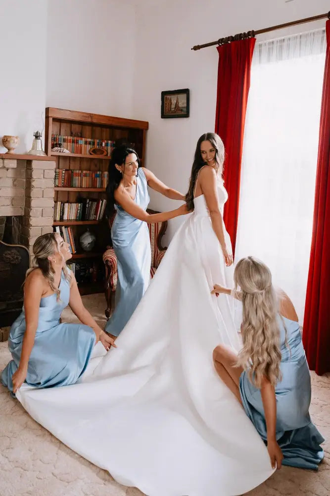 Light Blue One-Shoulder Sleeveless Mermaid Satin Bridesmaid Dresses with Slit