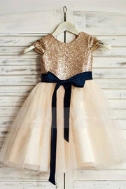 Capped Sequined A-Line Tulle Flower Girl Dresses with Sash