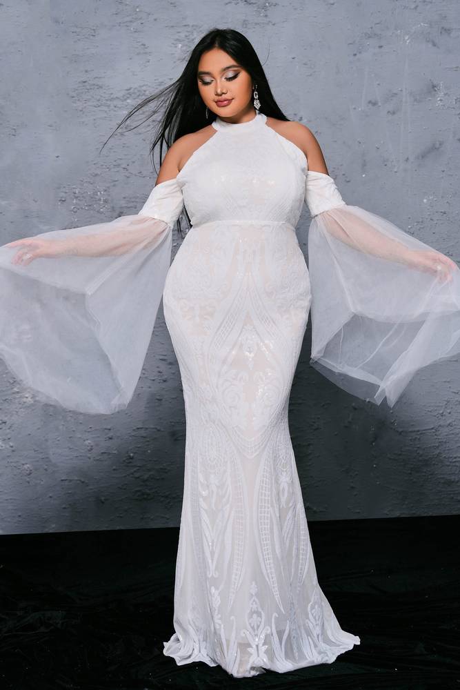 White Plus Size Sequined Mermaid Evening Prom Dresses