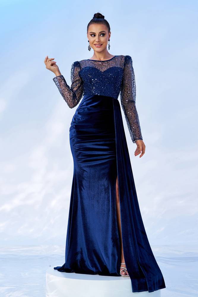 Jewel Neck Mermaid Velvet Evening Dresses with Slit