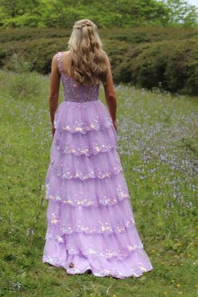 Lilac V-Neck Tiered Sleeveless Tulle A-Line Prom Dresses with Slit