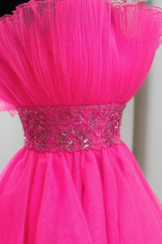 Glamorous Fuchsia Strapless A-Line Short Tulle Homecoming Dress with Beading