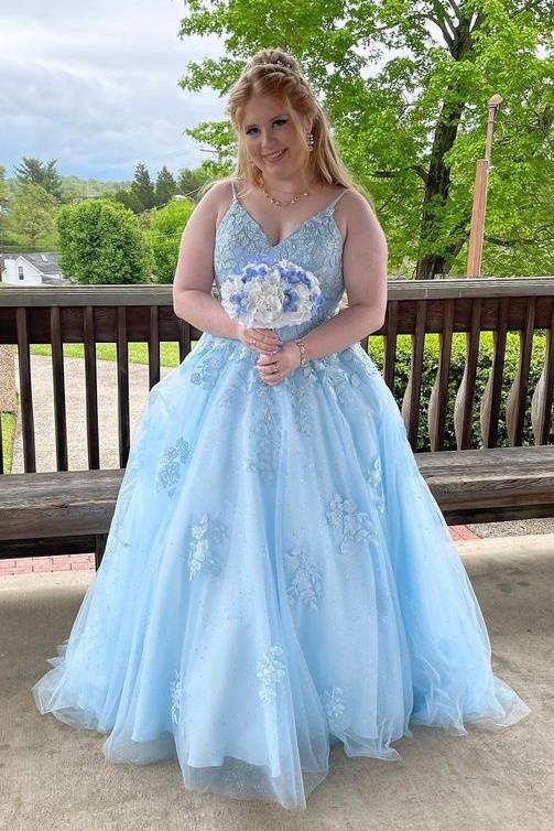 Sky Blue Ball Gown Floor-Length Tulle Prom Dresses with Appliques