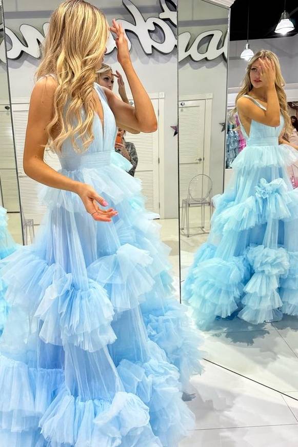 Sky Blue V-Neck Long A-Line Tulle Party Dresses with Ruffles