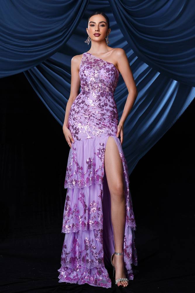 Purple Tiered One-Shoulder Mermaid Sequin Evening Dresses with Slit