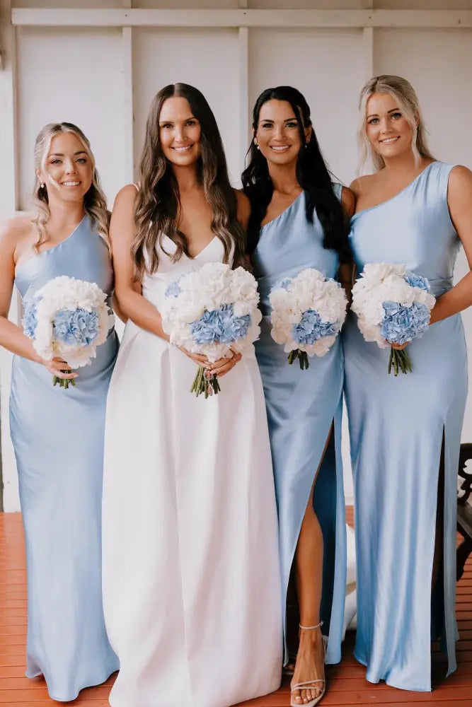 Light Blue One-Shoulder Sleeveless Mermaid Satin Bridesmaid Dresses with Slit