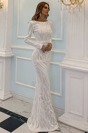 White Mermaid Jewel Neck Sequin Evening Dresses with Long Sleeves