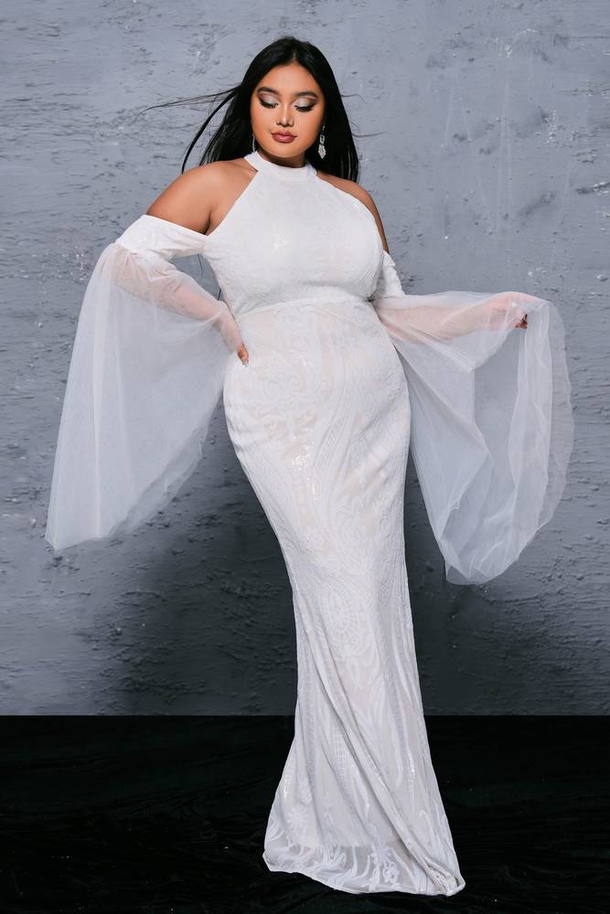 White Plus Size Sequined Mermaid Evening Prom Dresses