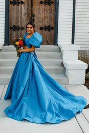 Ocean Blue A-Line Short Sleeves Satin Prom Dresses with Slit