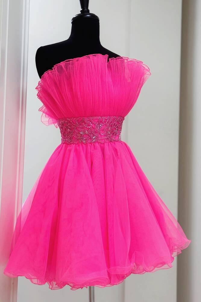 Glamorous Fuchsia Strapless A-Line Short Tulle Homecoming Dress with Beading