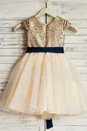 Capped Sequined A-Line Tulle Flower Girl Dresses with Sash