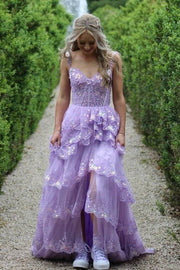 Lilac V-Neck Tiered Sleeveless Tulle A-Line Prom Dresses with Slit