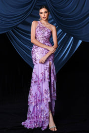 Purple Tiered One-Shoulder Mermaid Sequin Evening Dresses with Slit