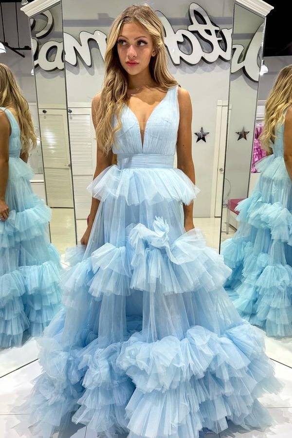 Sky Blue V-Neck Long A-Line Tulle Party Dresses with Ruffles