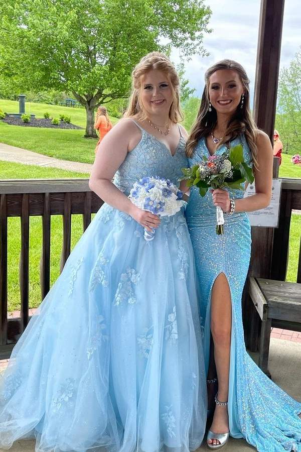 Sky Blue Ball Gown Floor-Length Tulle Prom Dresses with Appliques