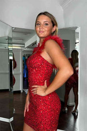 Red V-Neck Sleeveless Sequined Short Sheath Fur Homecoming Dresses with Beads