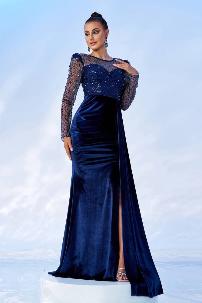 Jewel Neck Mermaid Velvet Evening Dresses with Slit