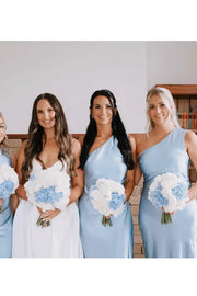 Light Blue One-Shoulder Sleeveless Mermaid Satin Bridesmaid Dresses with Slit