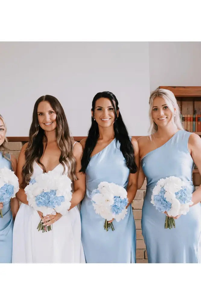 Light Blue One-Shoulder Sleeveless Mermaid Satin Bridesmaid Dresses with Slit