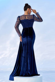 Jewel Neck Mermaid Velvet Evening Dresses with Slit