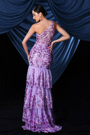 Purple Tiered One-Shoulder Mermaid Sequin Evening Dresses with Slit