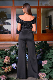 Black V-Neck Off-The-Shoulder Jumpsuit Evening Dresses