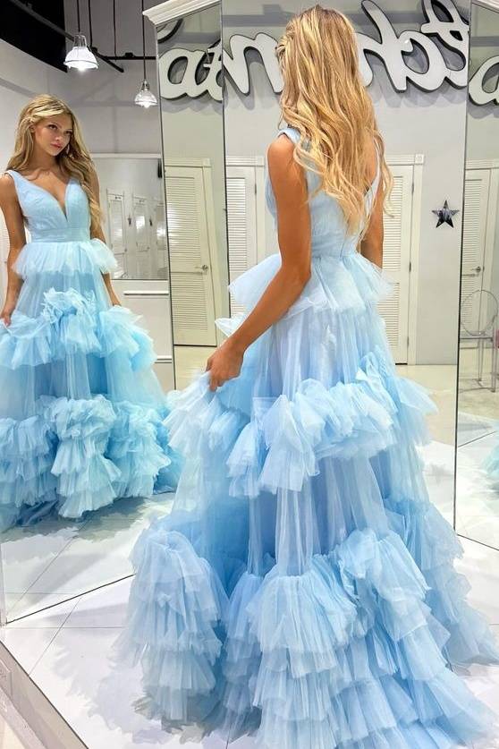 Sky Blue V-Neck Long A-Line Tulle Party Dresses with Ruffles