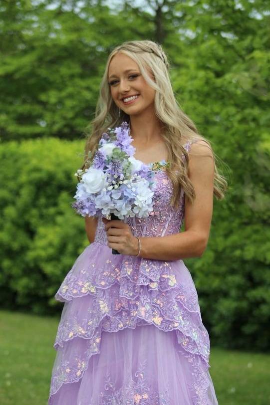 Lilac V-Neck Tiered Sleeveless Tulle A-Line Prom Dresses with Slit