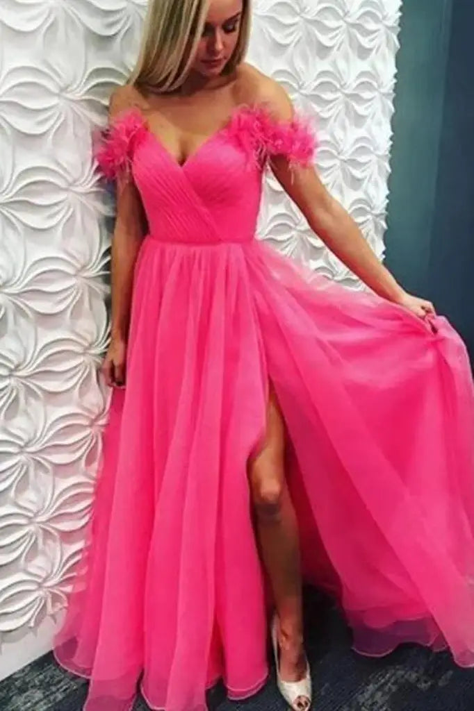 Fuchsia Off-The-Shoulder V-Neck A-Line Tulle Feather Formal Dresses with Slit